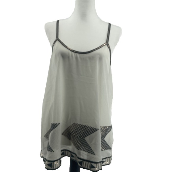 BB Dakota Tops - Sequin Sheer Top Women's Large White Babydoll Western Boho Artsy Party Event